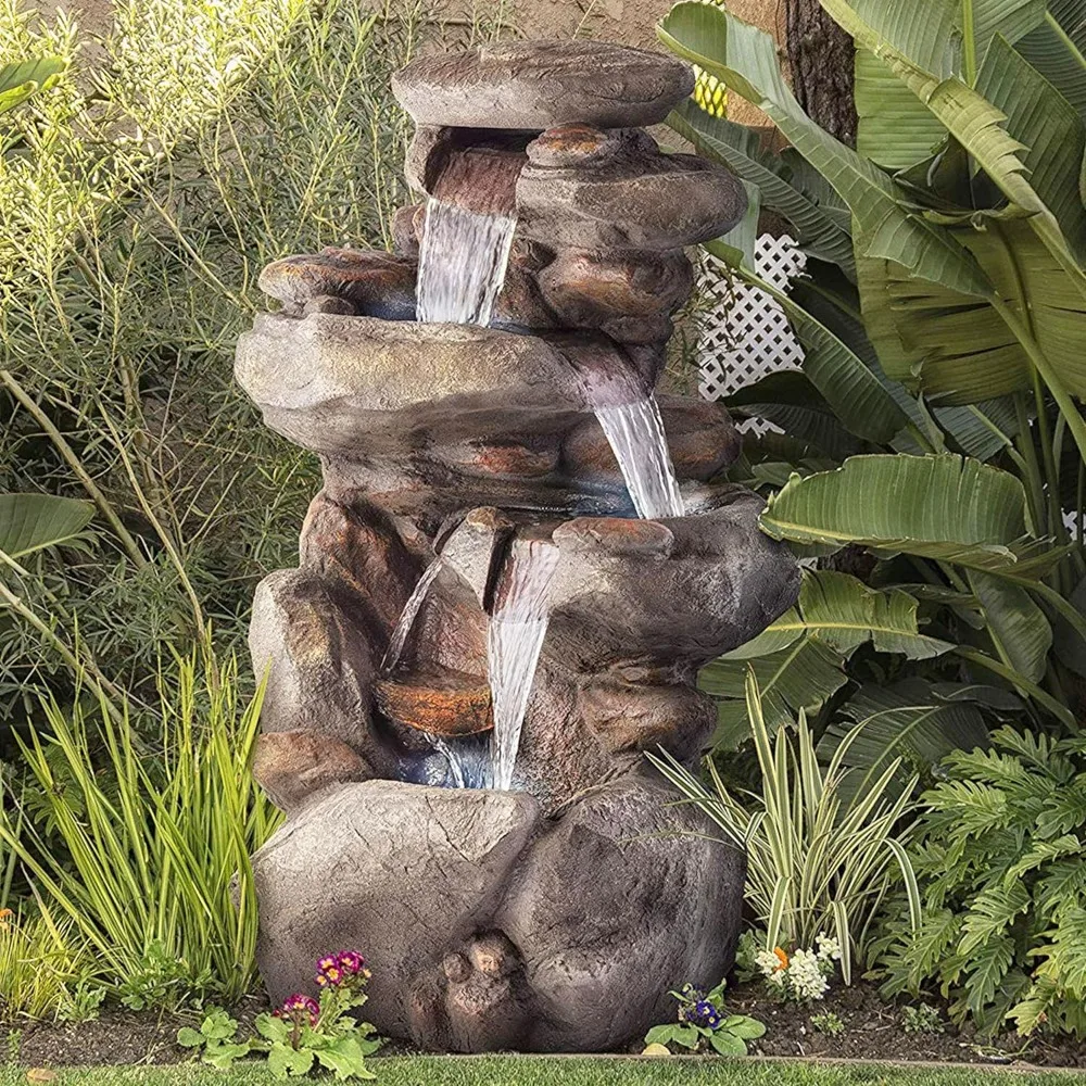 

Outdoor Water Fountain, 4-Tiered Outdoor Floor Rock Water Fountain for Garden or Patio with Natural Stone Look, Outdoor Fountain
