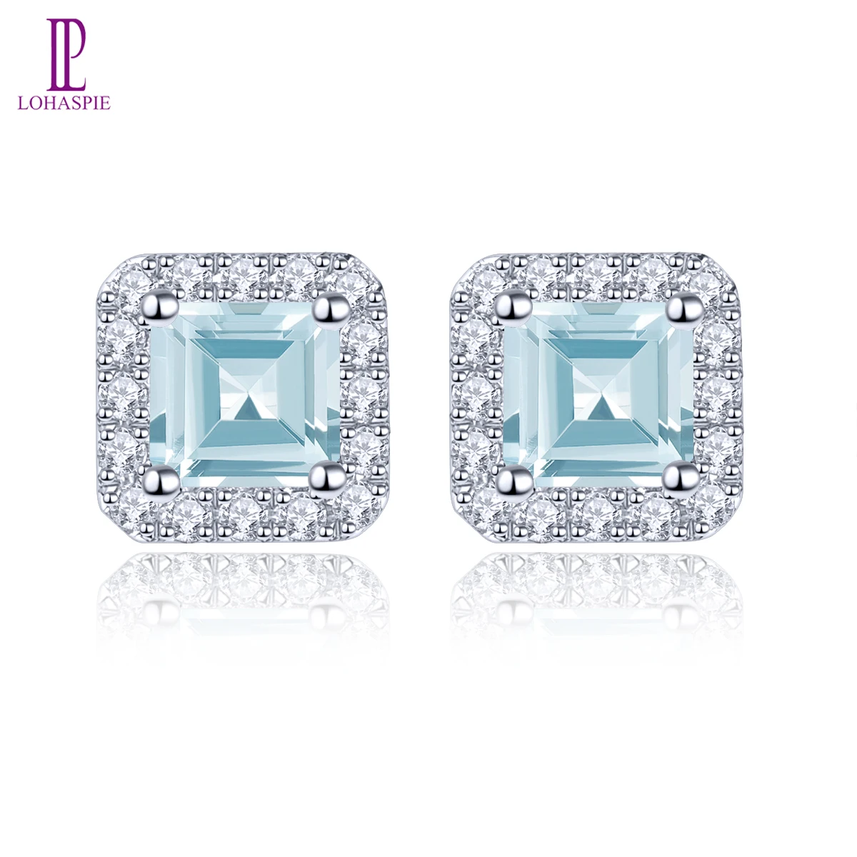 

Lohaspie Natural Aquamarine Real Diamond 9K White Gold Stud Earring 0.5 Carats Genuine Light Blue Gemstone Classic Style Jewelry