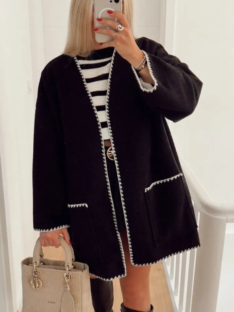 

RDMQ 2023 Elegant Autumn Women's Woolen Jacket Chic Loose V Neck Long Sleeve Coat New Fashion Casual Office Lady Warm Streetwear