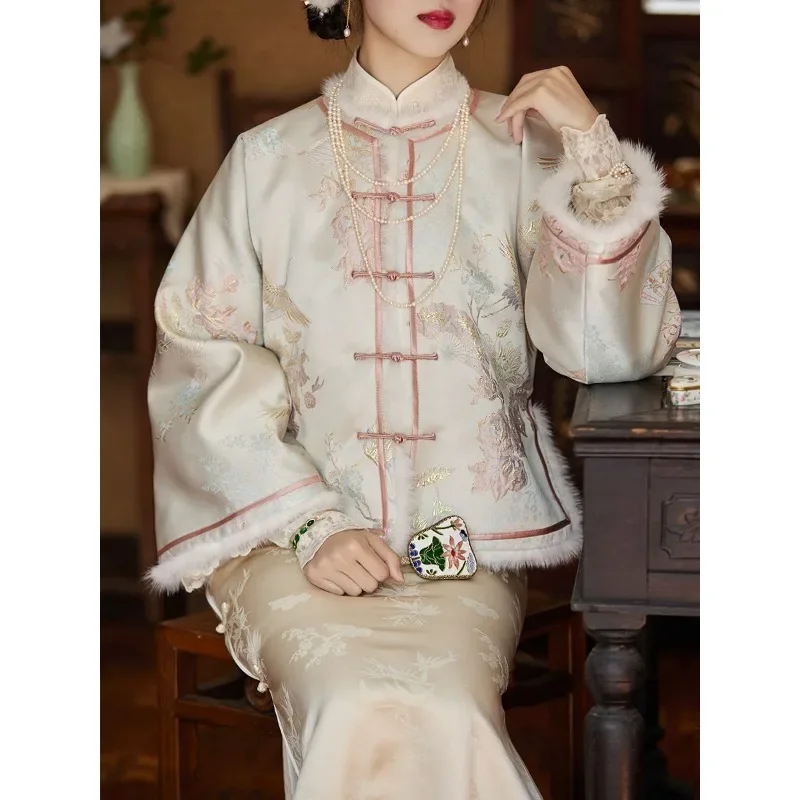 Autumn Winter Fashion Stand Collar Printed Thickened Tang Suit Jacket Modern Chinese Traditional Women's Clothing Plus Size 3XL