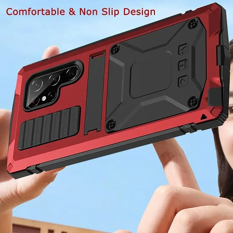 Rugged Metal Case For Samsung S23 S22 S21 S20 Ultra Plus Note 20 A32 M32 Military Shockproof Cover with Screen Protector Stand