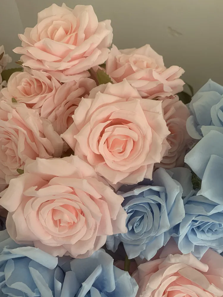 9-köpfiger Rosenstrauß, künstliche Blumen in Hellrosa, Blau, Lila, künstliche Rosen, Wohnzimmerdekoration, Hochzeit – Detail 4