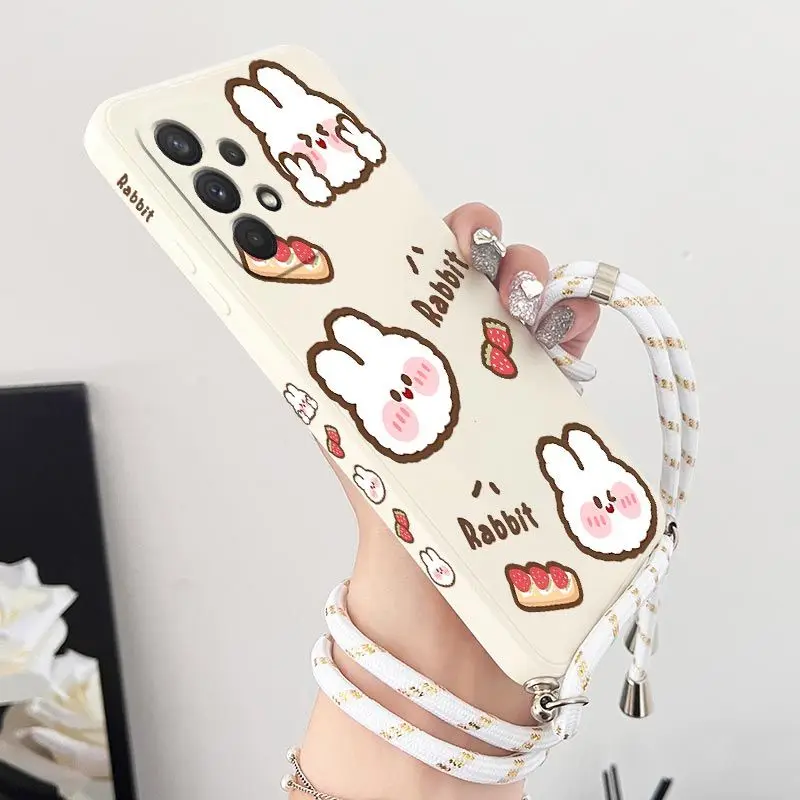 

Rabbit Strawberry Crossbody Lanyard Silicone Phone Case For Samsung Galaxy A54 A34 A24 A73 A53 A52 A52S A04S A04E A72 Cover