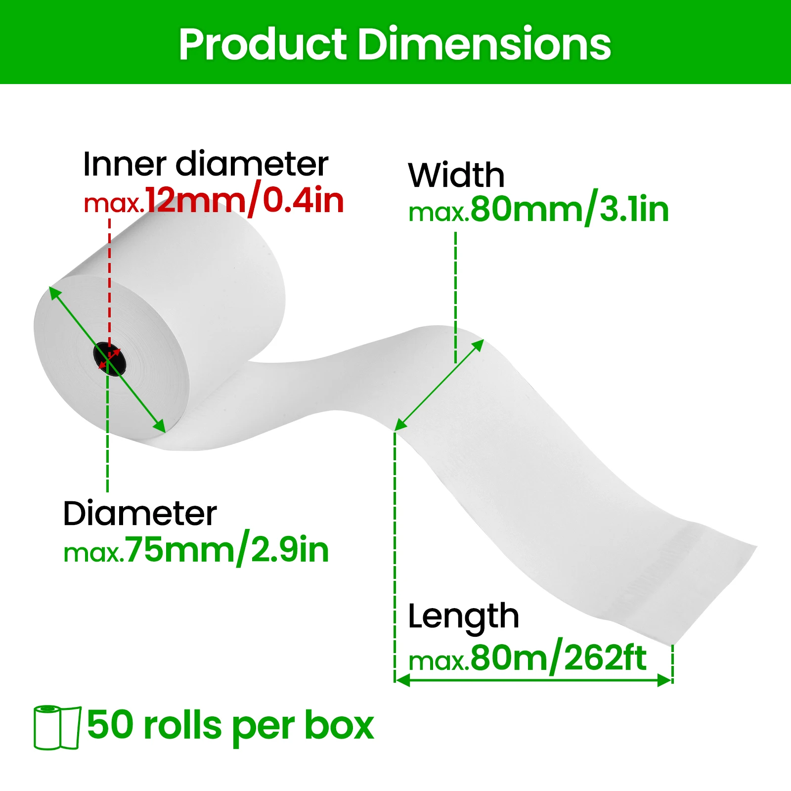 BPA-freie Thermopapierrollen 50/100 Stück, 3,14x262,4ft oder 2,25x59ft für POS-Kassendrucker – Detail 18
