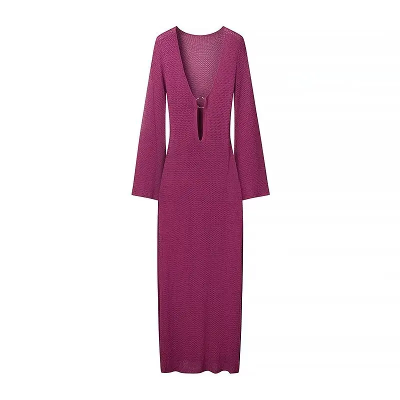 Vestido de otoño de punto calado para mujer, transparente, con escote en V, sin espalda, informal, para playa, vacaciones, maxivestido de punto, vestido de mujer nuevo