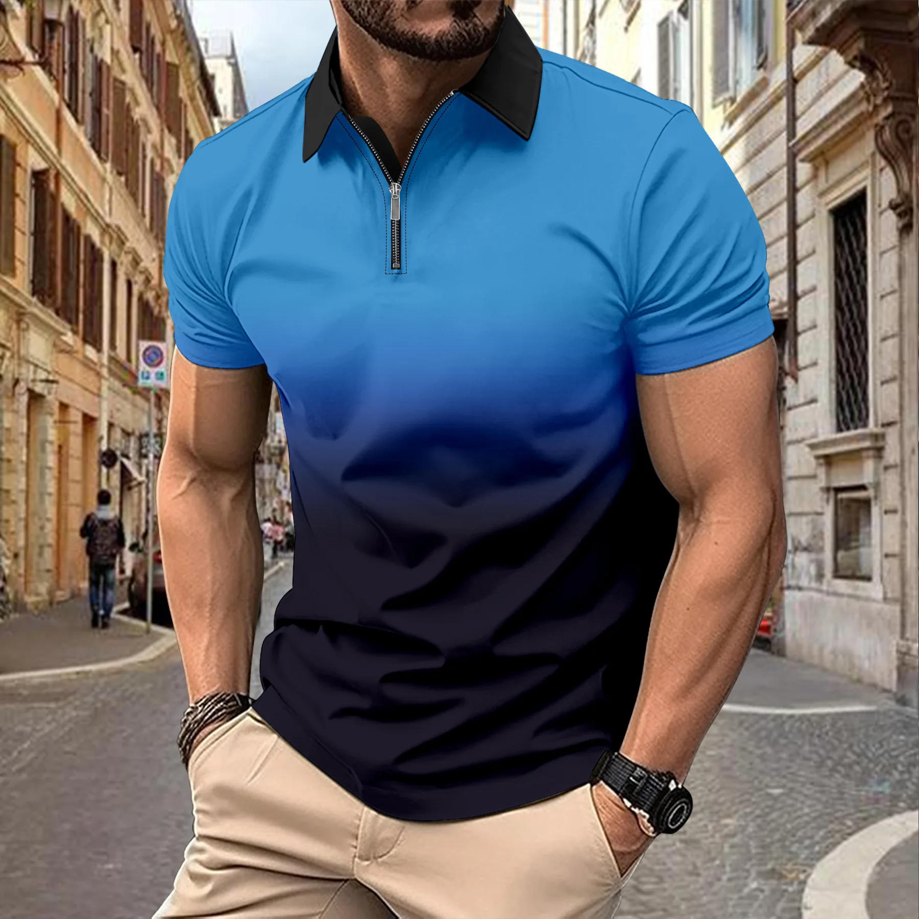 

New men's top New summer polo shirt, degenerate color lapel zip short-sleeved T-shirt, casual street men's wear,