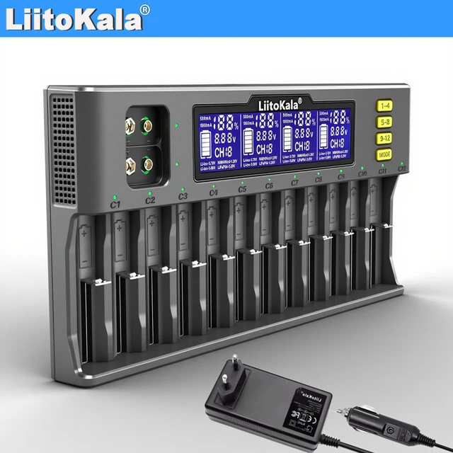 LiitoKala LiI-S12 Smart Charger 14 Slots - CE Certified Universal Charger for Li-ion/LiFePO4/Ni-MH/9V Batteries 18650, 26650, AA 1