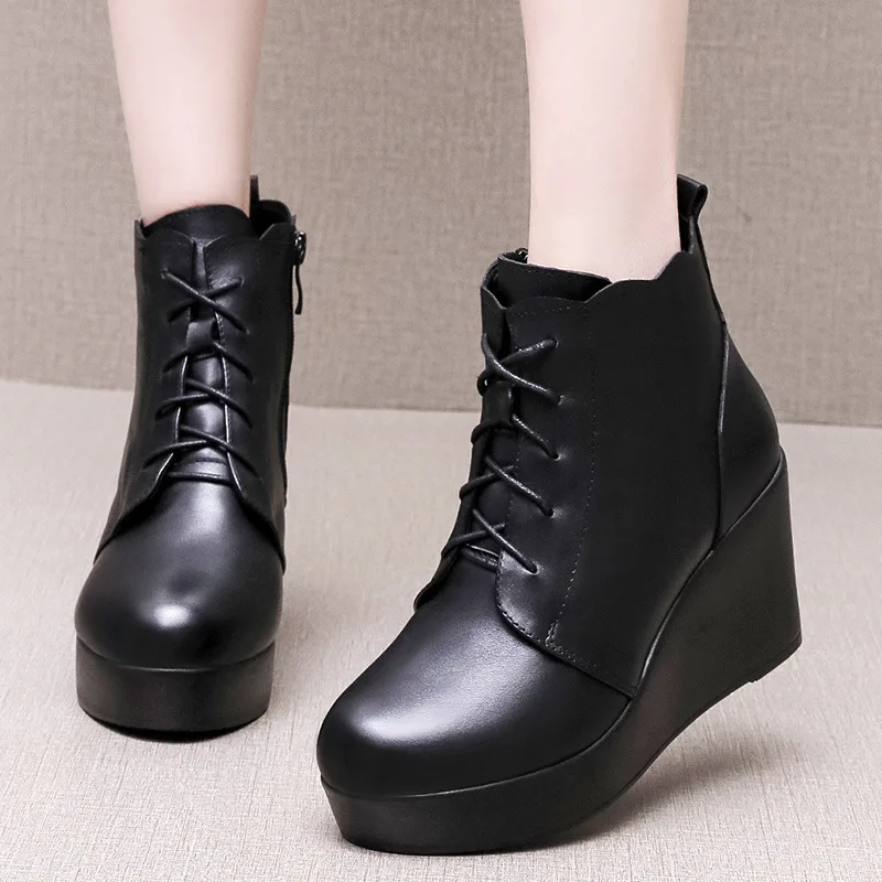 Genuine Leather Platform Lace Zipper Ankle Boots Women Fashion Wedge Shoes Winter Women High Heels Warm Women Snow Boots