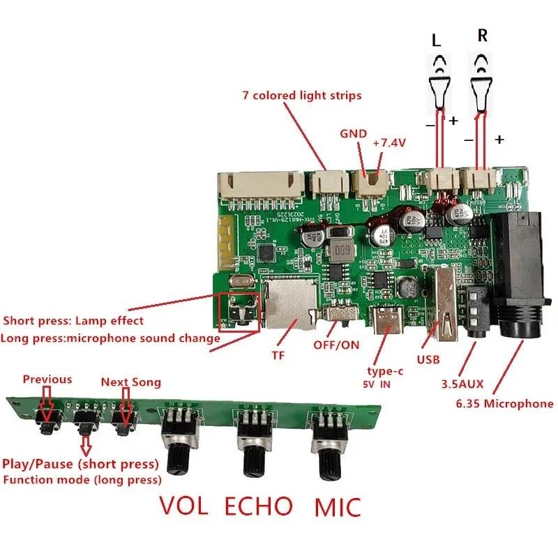 Bluetooth TWS Multi functional 7-color karaoke microphone speaker PCBA7.4V 12W * 2 karaoke amplifier board mini audio module kit