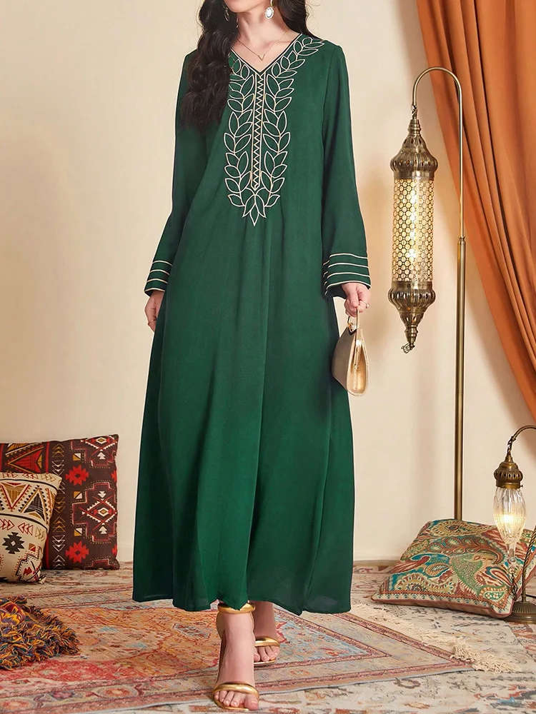 Vintage Women Embroidery Abaya Muslim Embroidery Fashion Loose Evening Dress Casual Long Sleeves V-Neck Blue Ladies Dresses