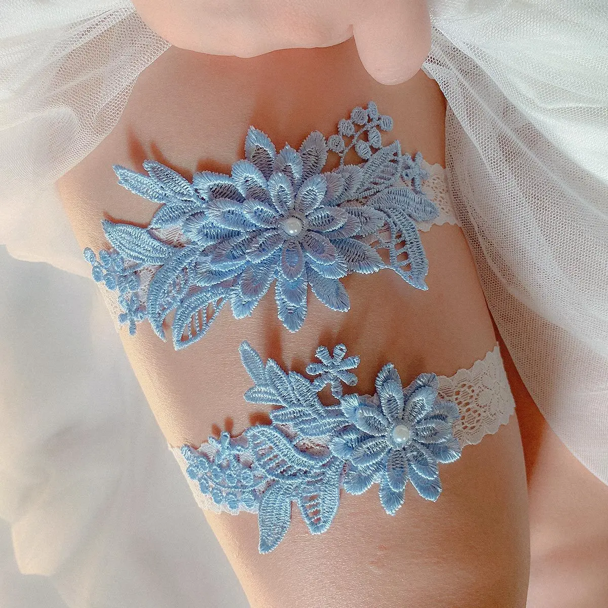 

Sky Blue Lace Flower Pearls Wedding Garter Belt Bridal Thigh Leg Ring For Women/Female/Bride 2024