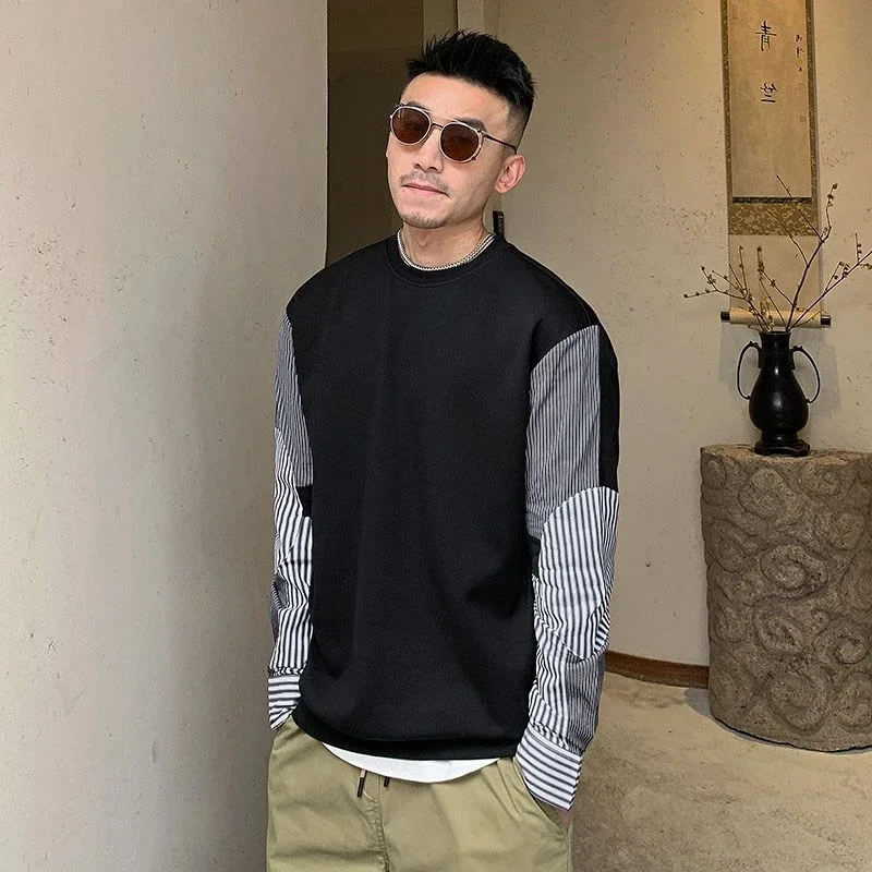 

T Shirt for Man Sweatshirts Black Men's Clothing Stripe Top Pullover Spliced Sale Y2k A 90s Vintage One Piece High Quality New F