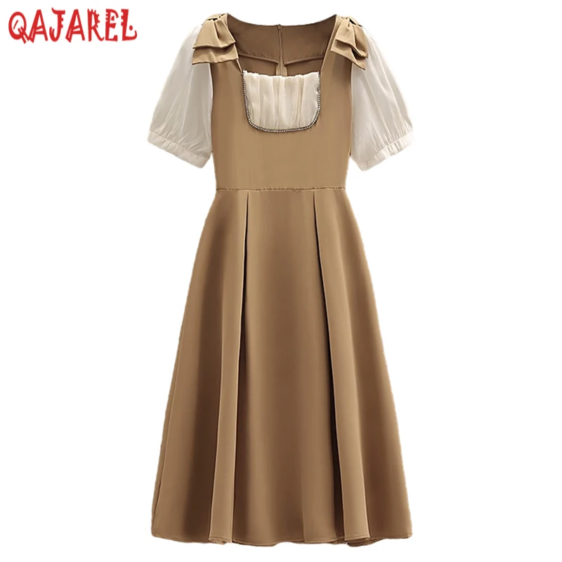 

2024 Black Patchwork Bow Suqare Collar Sexy Midi Dress Women Fashion Elegant Office Lady Dress Summer Korean Bodycon Party Dress