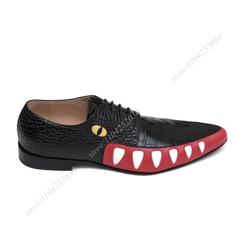 Black Graffiti White Leather Men Derby Pointed Toe Thick Heel Eye Totem Low Flat Shoes Spring Lace-Up Loafers Party Wedding Shoe 6