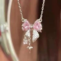 Luxury Fairy Pink Bow Shape Pendant Necklace Rings Set for Women Y2k Clavicle Chain Birthday Party Anniversary Gift Jewelry 2