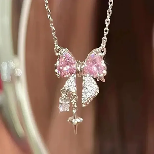 Luxury Fairy Pink Bow Shape Pendant Necklace Rings Set for Women Y2k Clavicle Chain Birthday Party Anniversary Gift Jewelry 2