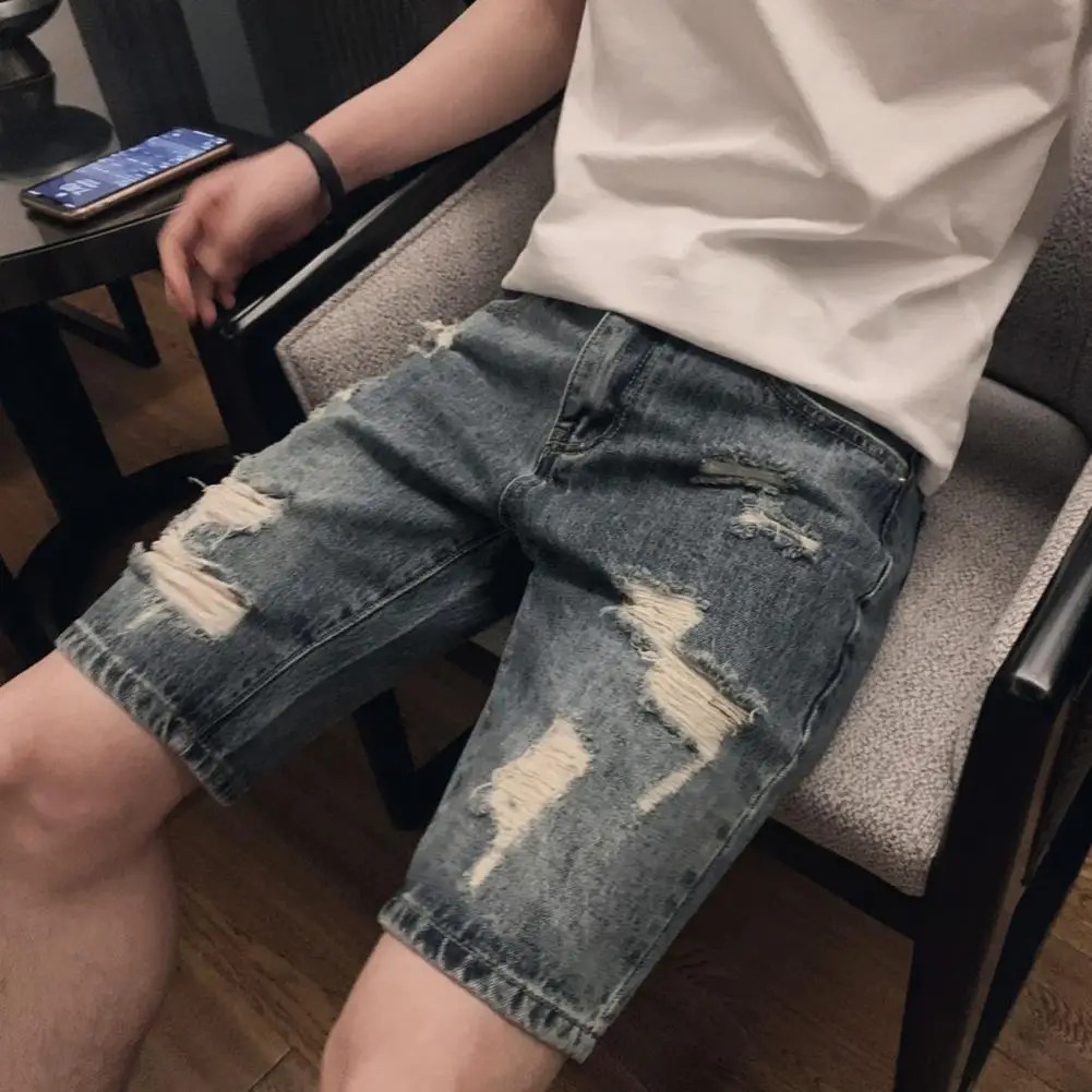 Summer Ripped Holes Denim Shorts Mid-rise Pockets Zipper Button Fly Straight Leg Knee Length Men Short Jeans Streetwear