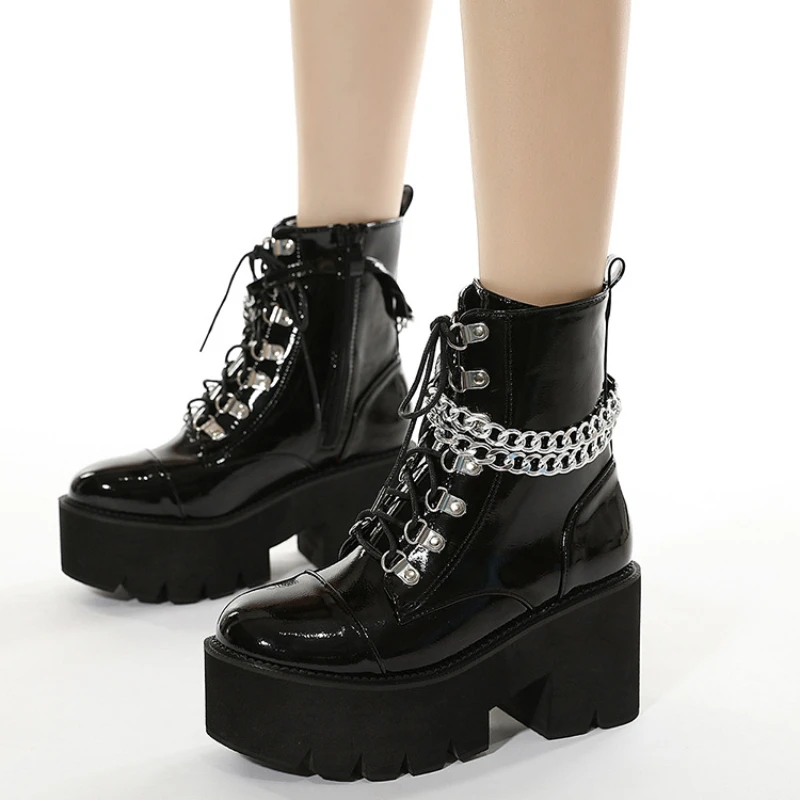 

Fashion Chain Platform Women's Shoes Spring Autumn Thick High Heel Short Boots Punky Style Women Motorcecly Boots Soft Leather