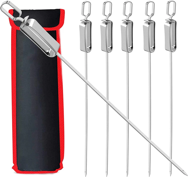 LMETJMA 17inch Kabob Skewers for Grilling Stainless Steel Flat BBQ Skewers with Quick Release Metal Sliding Handle JT45 S6fbf7cc7600a4729a095574c60a9ff92N