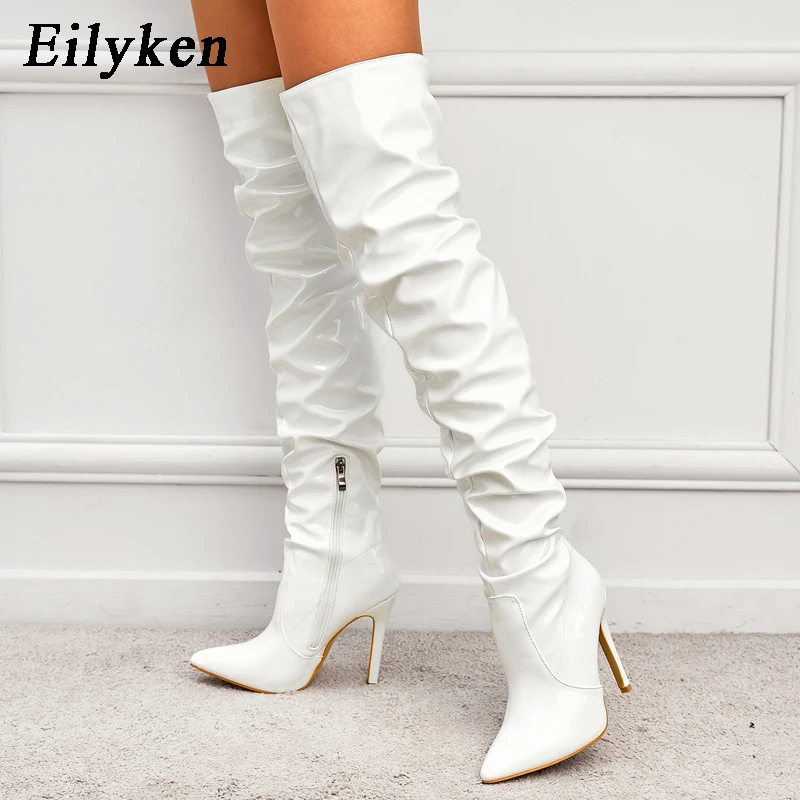 Eilyken New Thigh High Boots Fashion Patent Leather Pointed Toe Zip Female Stiletto Heels Pleated Design Women's Shoes