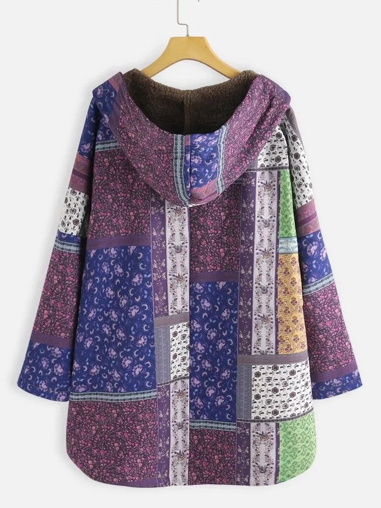 Casual Ethnic Print Fleece Hooded Retro Boho Cotton Jacket Parkas Warm Coat Women Outwear Loose Oversize M-5XL Winter Clothes
