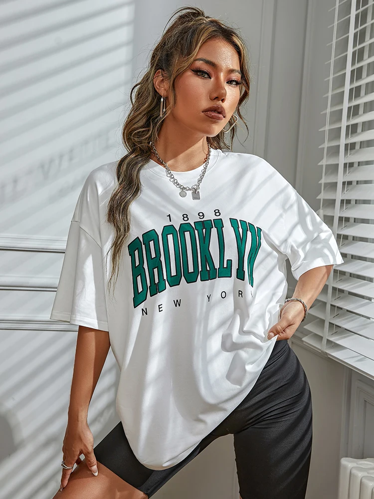 1898 Brooklyn New York T-Shirt Women,100% Cotton Tee Priting Letter,Casual  Oversized Tops,Y2K Clothes,High Quality Female Tshirt