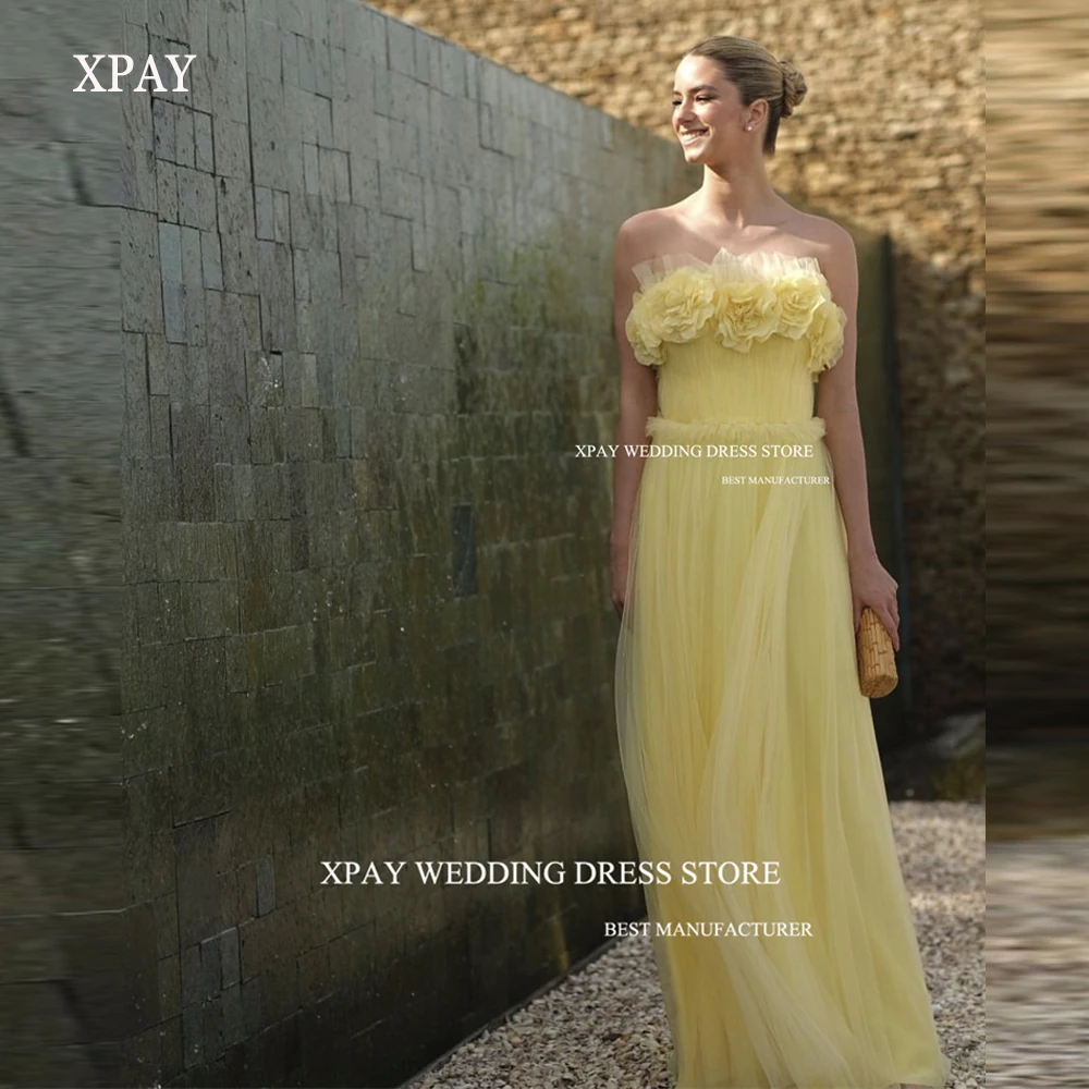 

XPAY 2023 Fairy Yellow Tulle Long Prom Dresses Strapless 3D Flowers Floor Length Evening Gowns For Wedding Party
