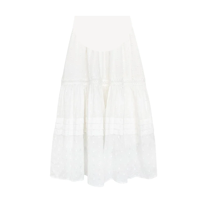 Korean Style Maternity White Skirts Hollow Out Lace Patchwork High Waist Pregnant Woman Ball Gown Cake Skirts Pregnancy Skirt