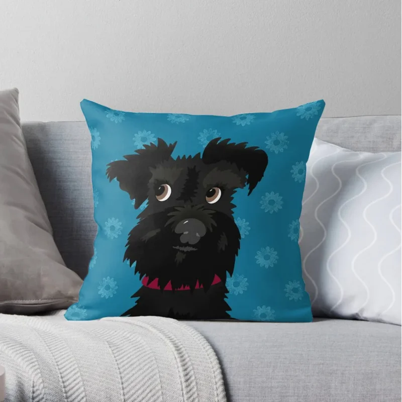 

Black Miniature Schnauzer Dog with Blue Daisies Throw Pillow Cusions Decorative Cover For Living Room