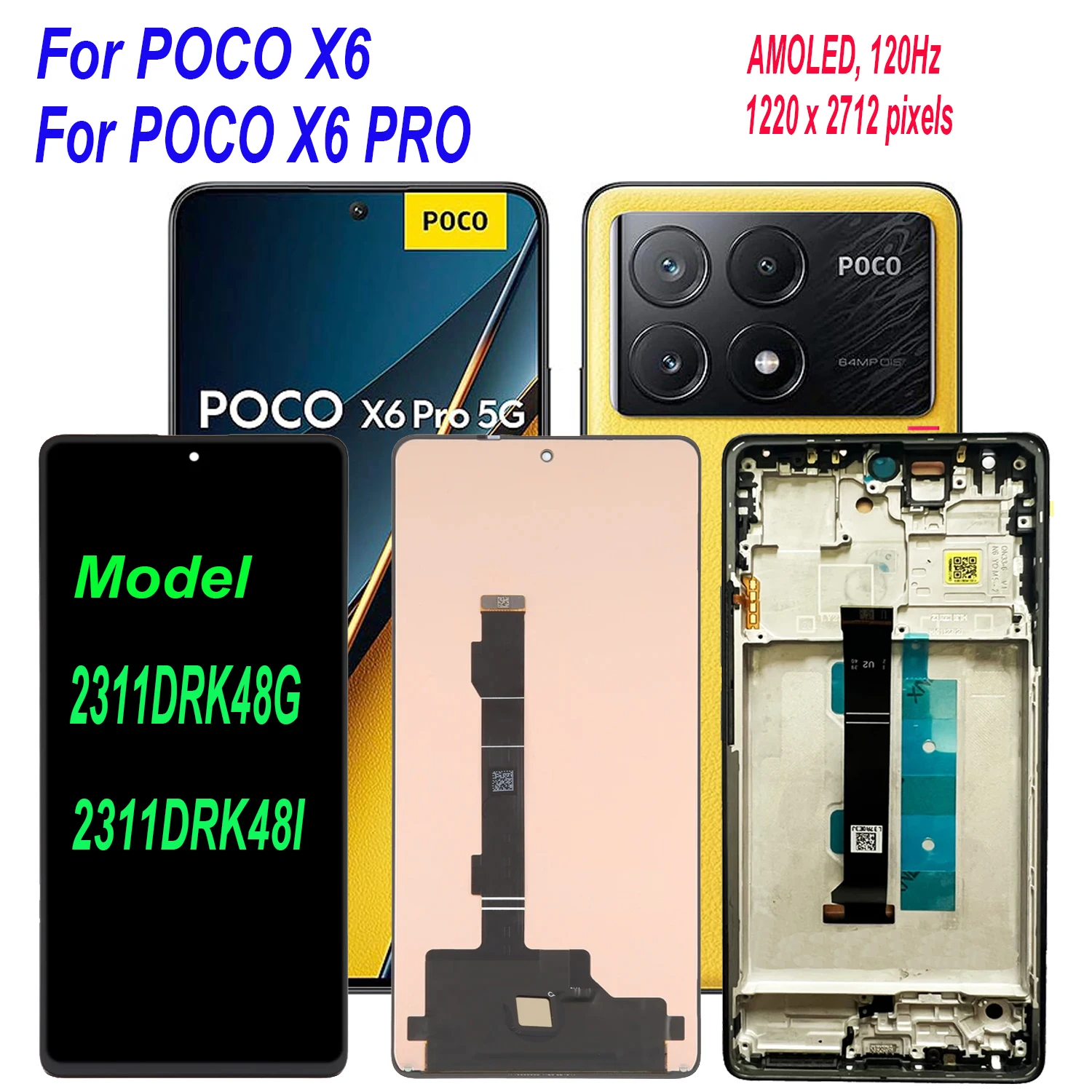 120HZ Xiaomi Poco X6 Pro 23122PCD1G 2311DRK48G 2311DRK48I AMOLED Display Touch Screen Digitizer Assembly