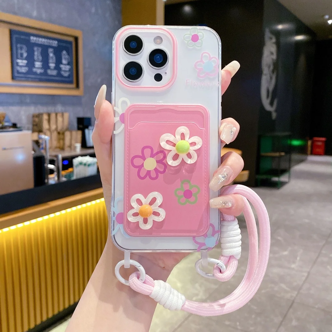 รูปสินค้า เคสแฟชั่นดอกไม้เกาหลี ช่องใส่บัตร สำหรับ iPhone 12-17 Pro Max