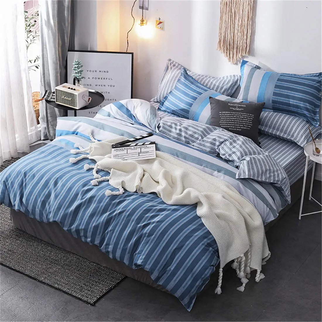 

MWSWL 3 Piece Quilted Coverlet Bedding Set Blue Geometric Includes 1 Duvet Cover with Pillowcases No Comforter