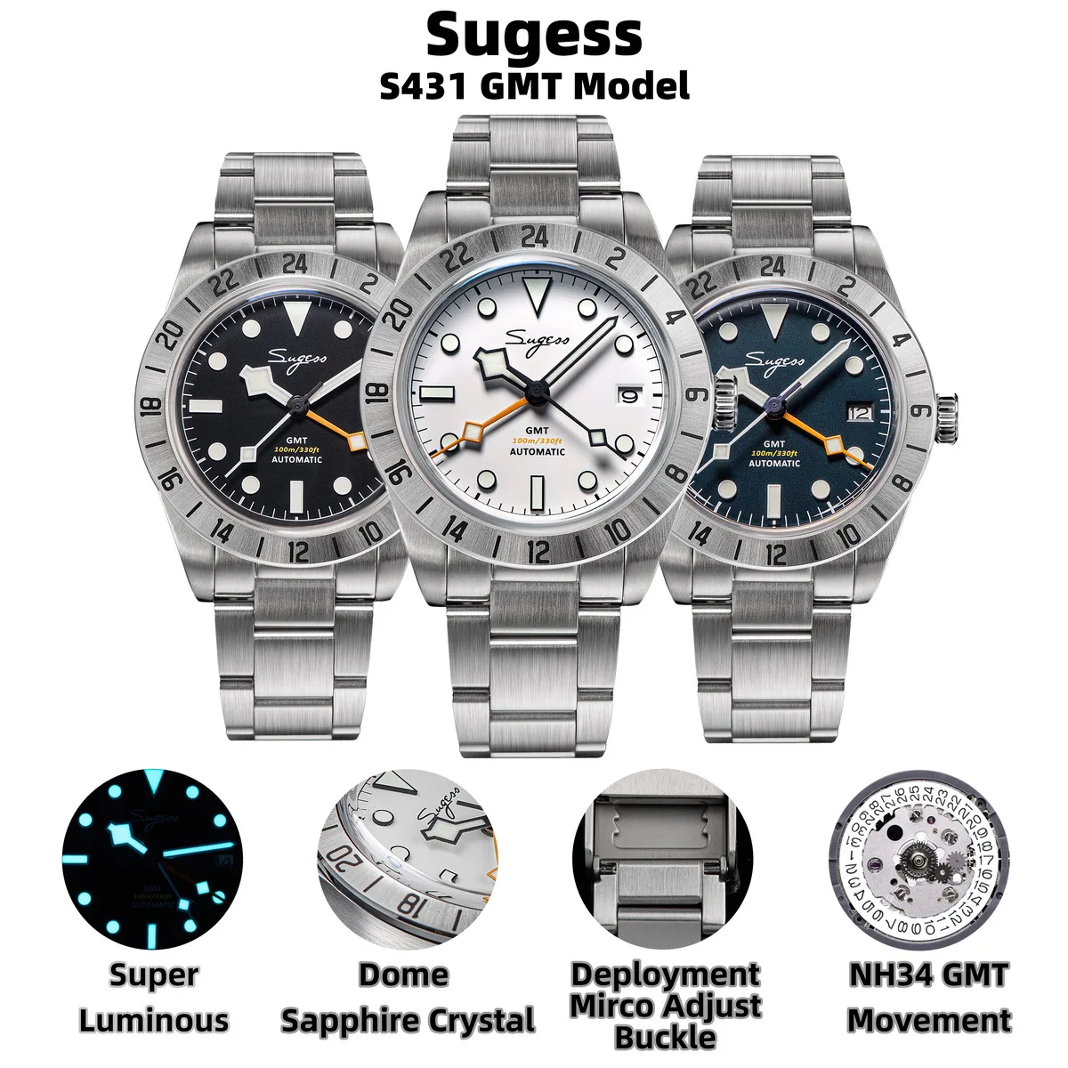 Sugess GMT 腕時計 メンズ 自動巻き NH34 機械式腕時計 ドーム