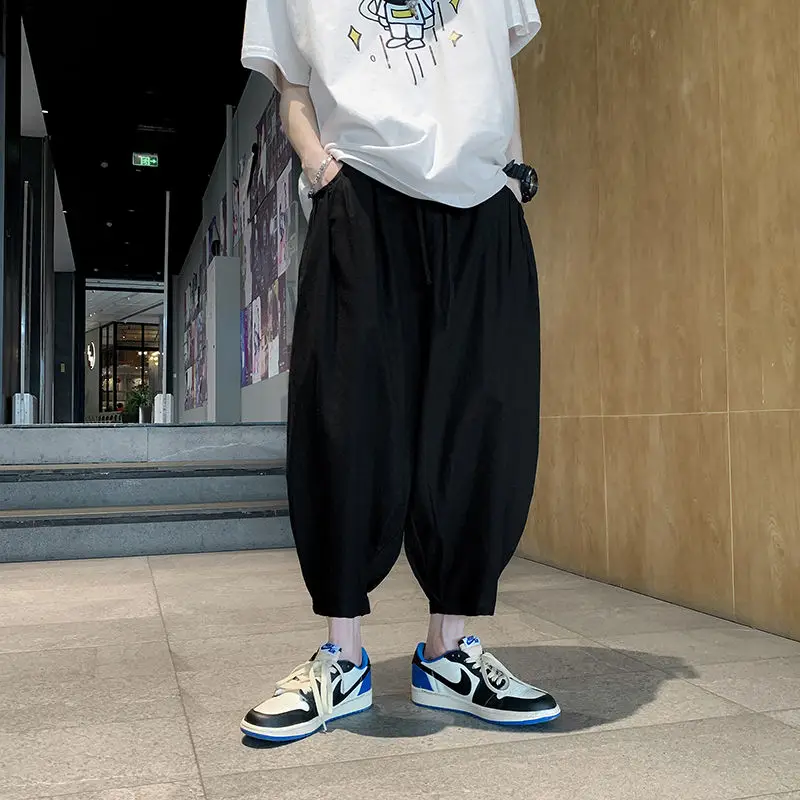 Summer New Solid Color Fashion Elastic Waist Ankle Length Pants Man High Street Pockets Patchwork Cotton Personality Haren Pants