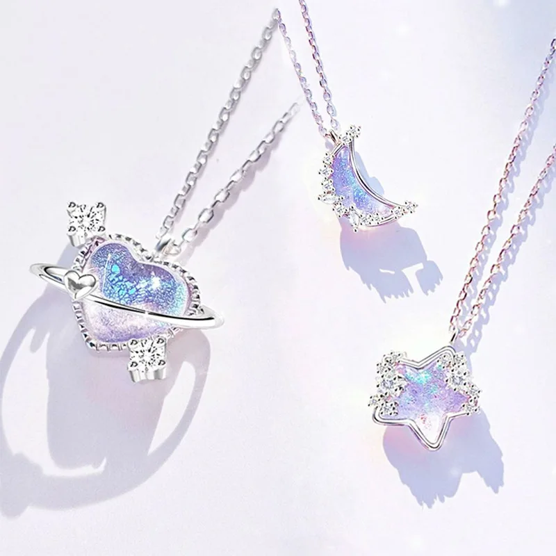 女性のためのハート型のペンダント付きネックレス,星と月の愛の