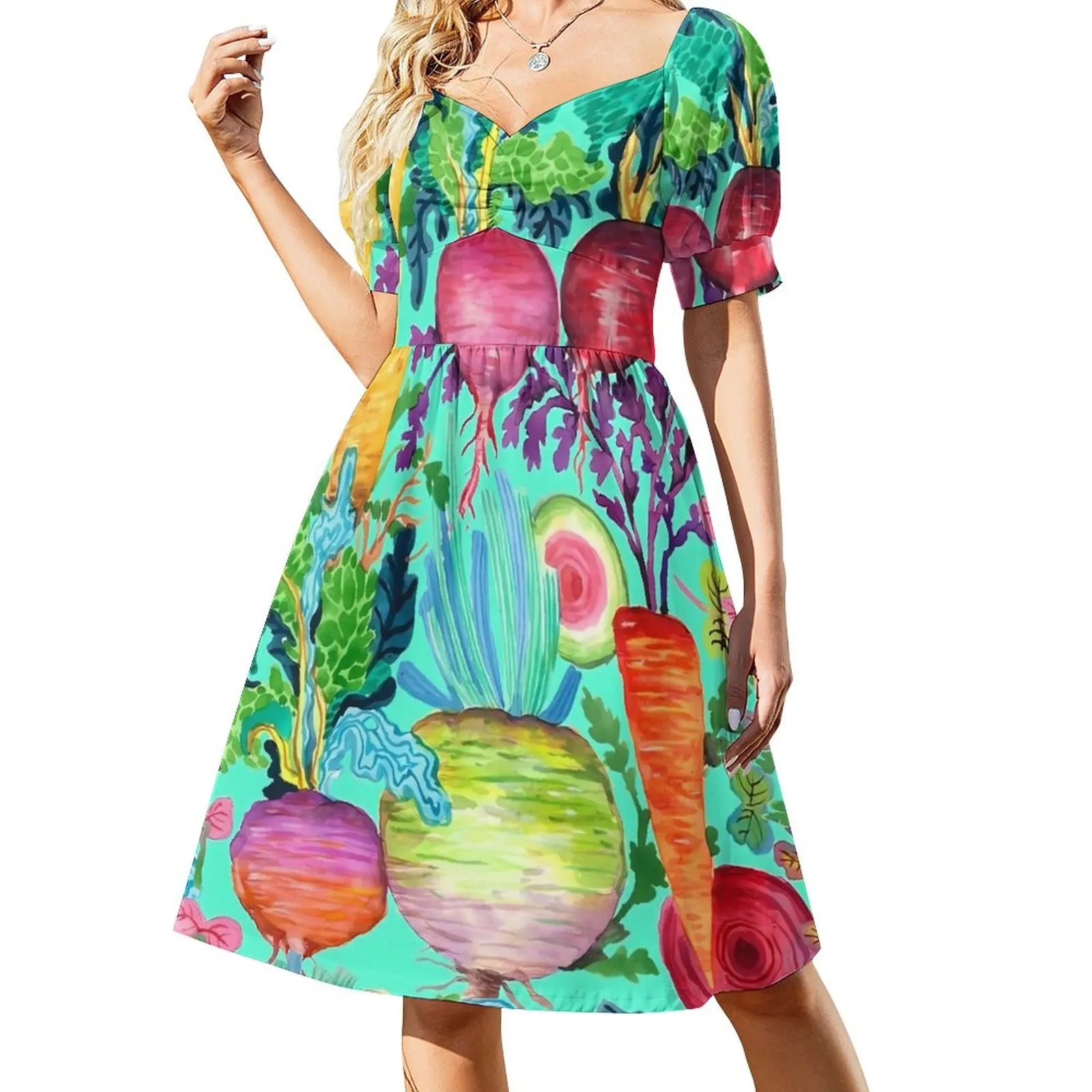 

Colorful Radishes Dress Sexy V Neck Carrots Print Pretty Dresses Womens Aesthetic Custom Oversized Casual Dress Gift Idea