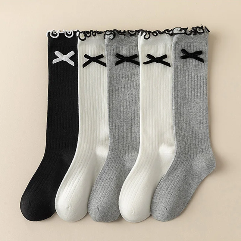 Girls Korean Bow Ruffle Calf Socks for Kids Cute White Knee High Long Lace Children Socks Spring Summer Soft School Stockings