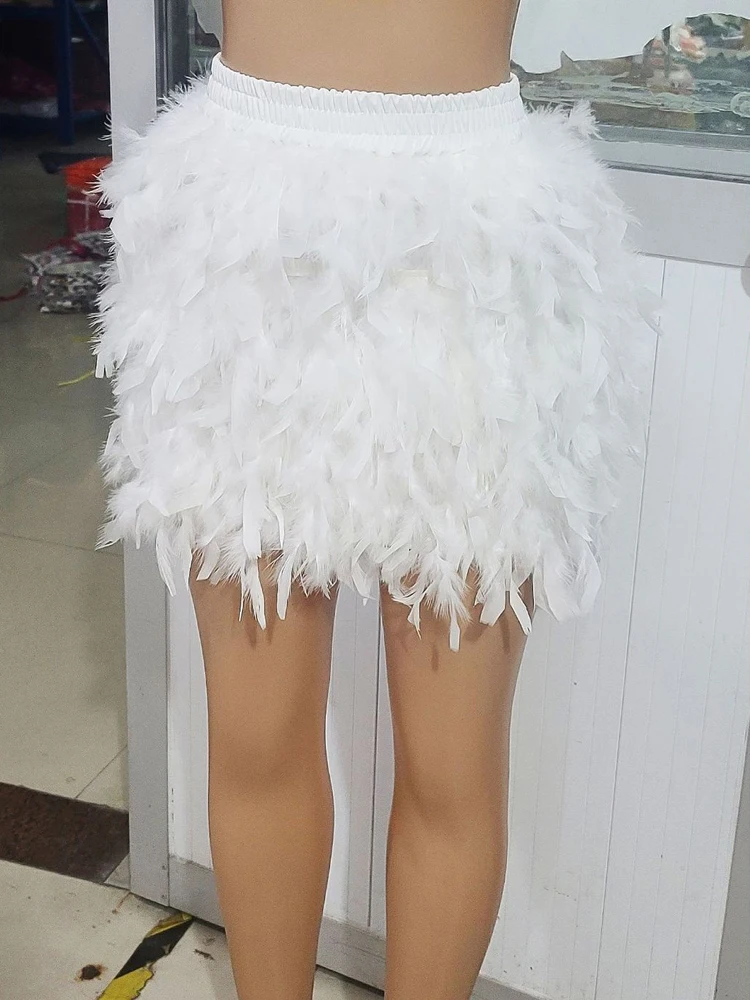 Kricesseen Sexy Green Feather Skirt New Women Solid High Waist Mini Furry Skirt Night Clubwear
