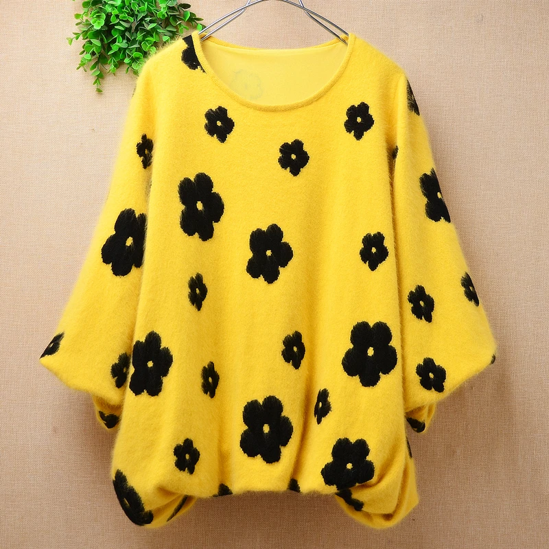 

Female Women Fall Winter Clothing yellow Flower Hairy Mink Cashmere Knitted Half Sleeves O-Neck Loose Pullover Sweater Jumper