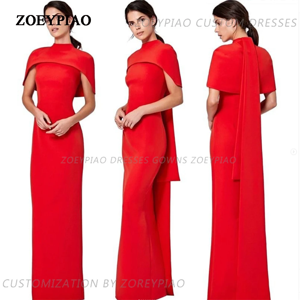 

Red Short Jacket Sleeve Saudi Arabic Evening Dresses O Neck Spandex Satin Dubai Prom Party Gowns Floor Length Formal Dress