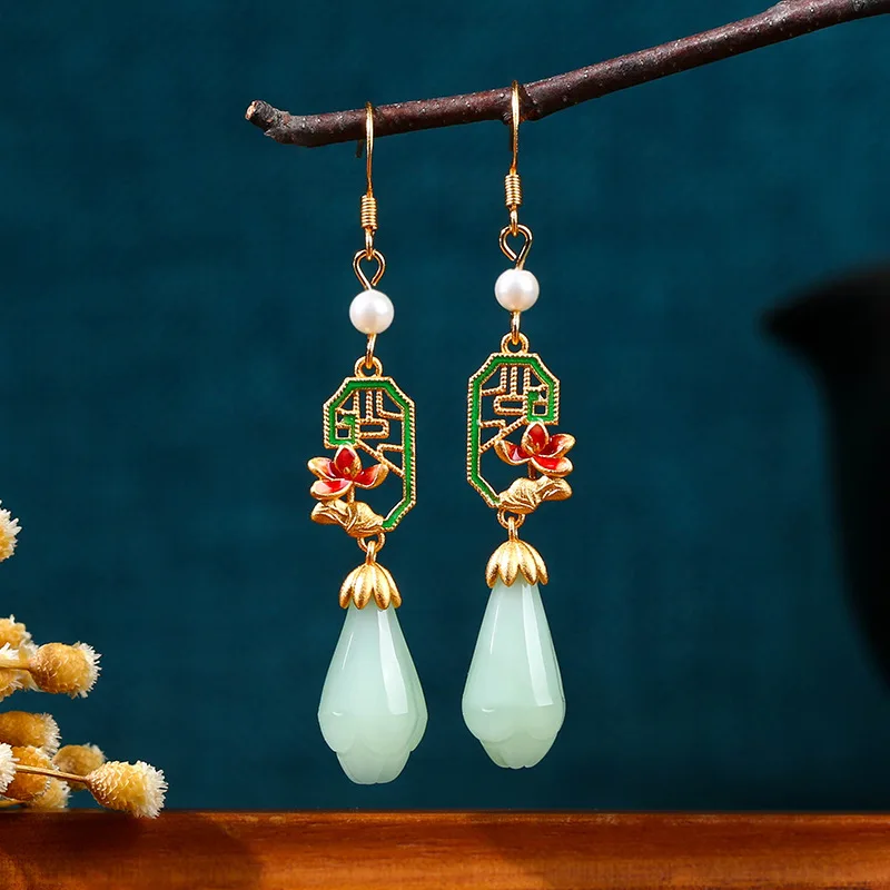 

National Trend Jewelry Imitation Jade Orchid Pendant Earrings for Women Blue Glazed Screen Retro Accessories Birthday Gift