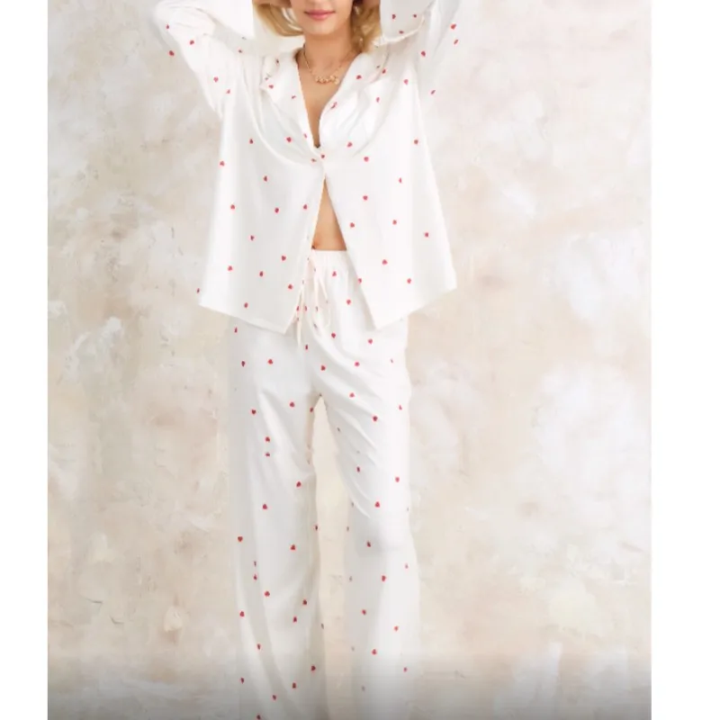 

Женская домашняя пижама, комплект из 2 предметов, топ с воротником с отложным воротником на пуговицах и штаны на завязках, одежда для сна, домашняя одежда для весны и осени
