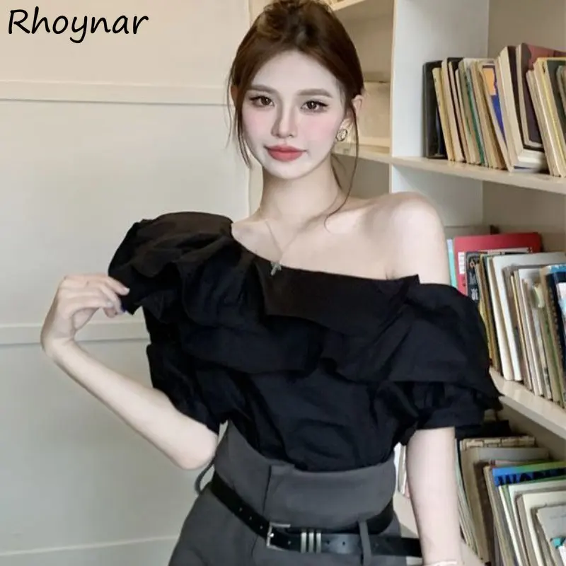 

Блузка женская с оборками, элегантная повседневная однотонная модная универсальная уличная одежда с косым воротником в Корейском стиле, лето