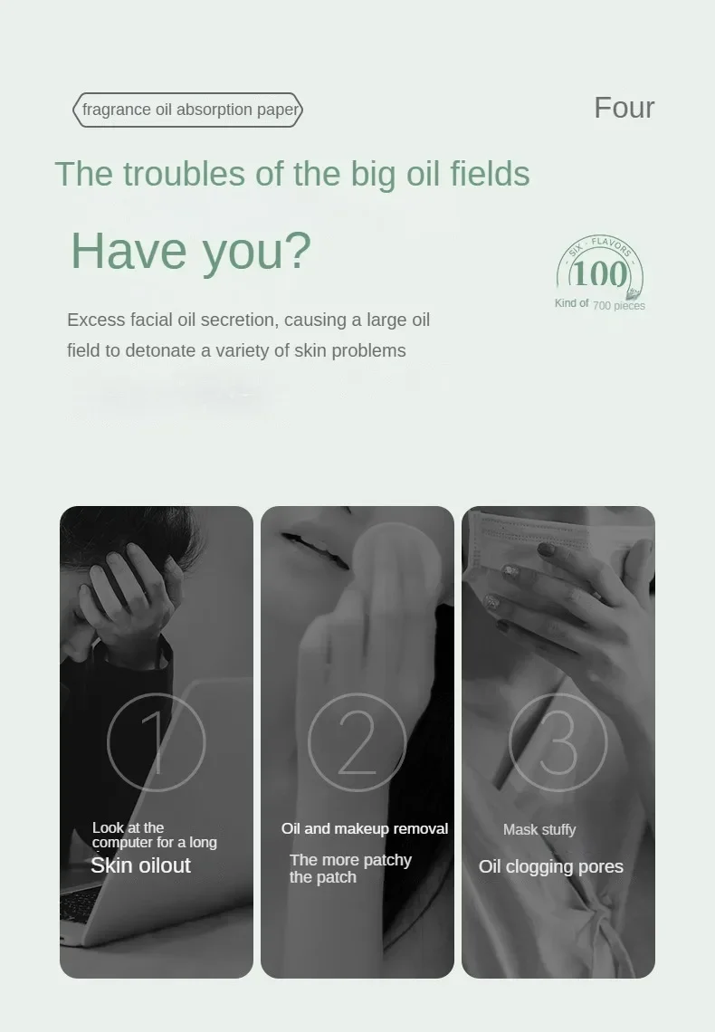 Description Picture 4 of item100Pcs New Face Oil Blotting Paper Protable Matting Face Wipes Facial Cleanser Oil Control Oil-absorbing Face Cleaning Tools