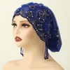 Rhinestone Beading Muslim Lace Hat Lace Hijab Embroidered Design Pearls Hat Underscarf Bonnet Headwrap Style Diamond Thread Hat