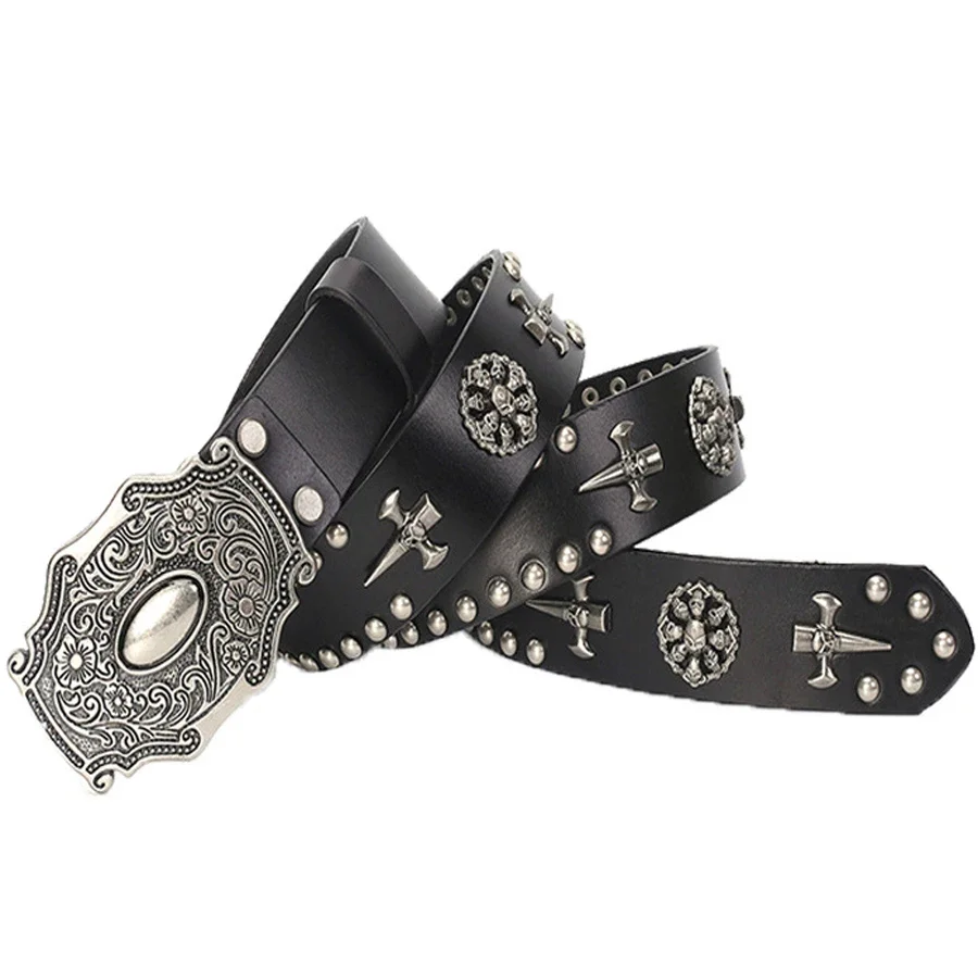 

2024 3.8CM Genuine Leather Vintage Metal Skull Punk Men Jeans Belt Stud Cowboy Strap Cinturon Ceinture Homme Riem Gothic Belts