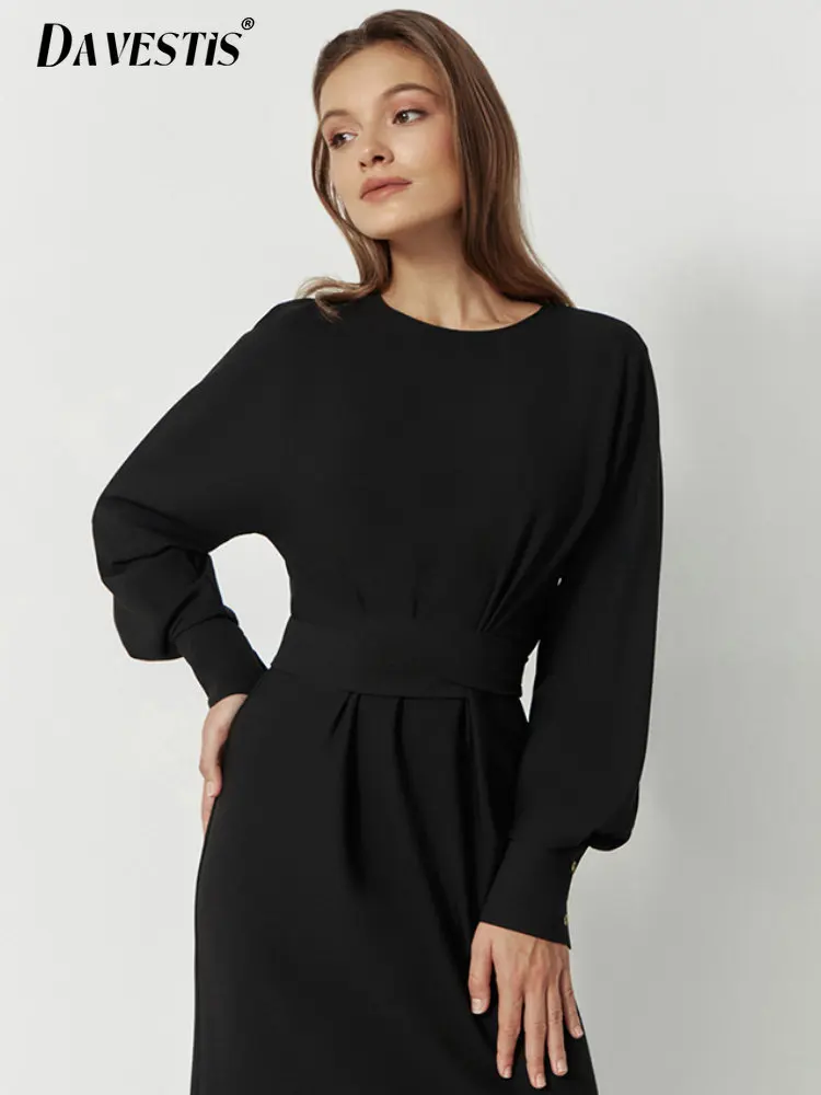 

Simple Solid Color O Neck Dresses for Women 2023 Spring Summer New Casual Loose Waist Slim Dress Ladies Commuter Office Dress