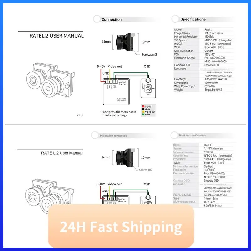 19X19mm For Ratel 2 1/1.8Inch Starlight 1200TVL NTSC PAL 16:9 4:3 Switchable Super WDR FPV Micro-Camera For FPV Racing,B Durable