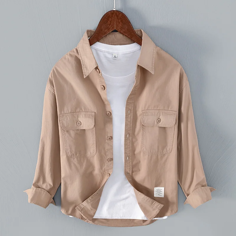 

Fashion Male Cargo Shirt Men Pure Cotton Khaki Military Uniform Light 2022 Casual Work Shirts Mens Top Clothing