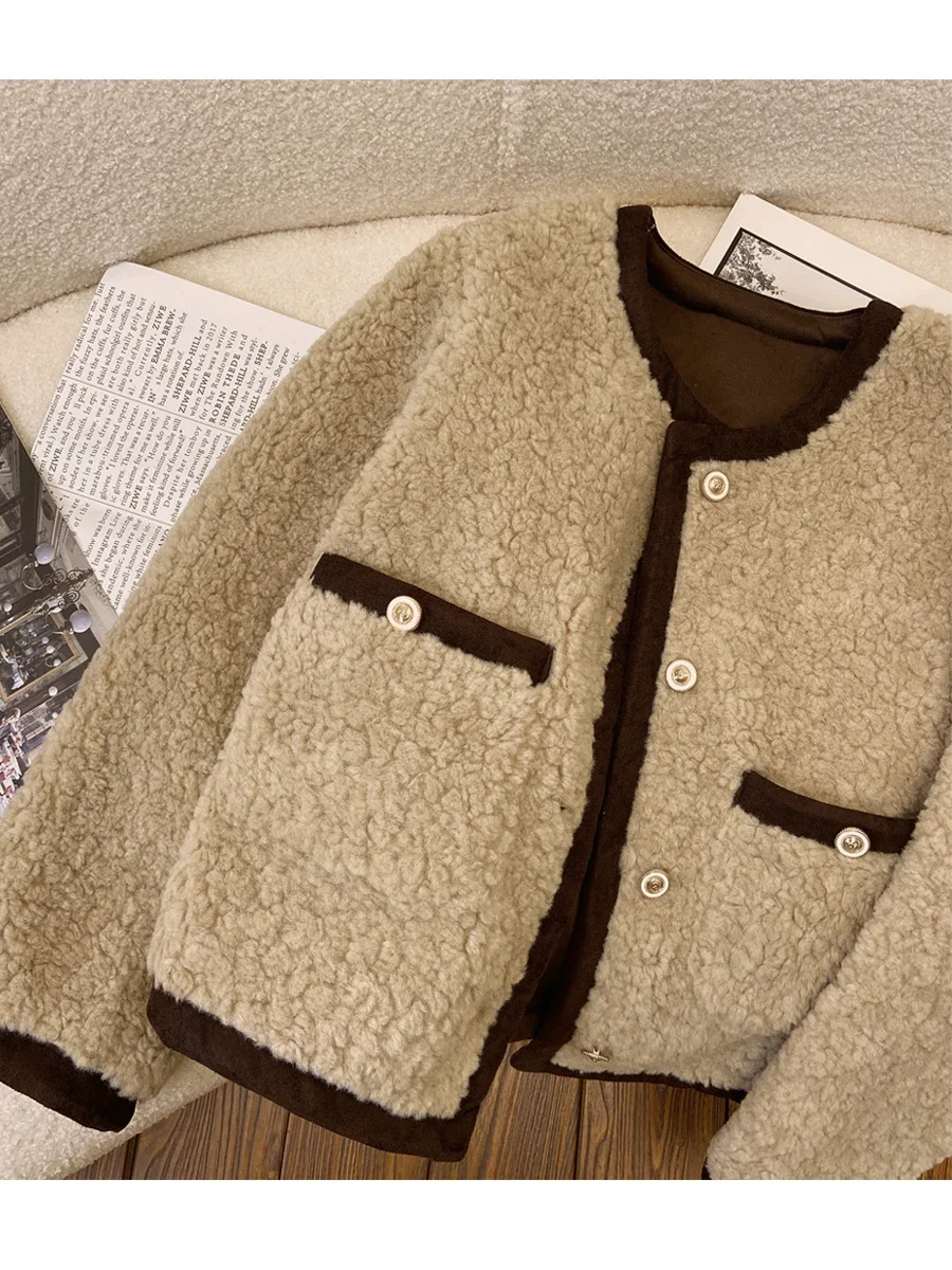 Korean-Style Round Neck Long Sleeve Women's Short Coat 2023 Autumn and Winter Fashion Commute Style Woolen Fur Faux Fur Coat